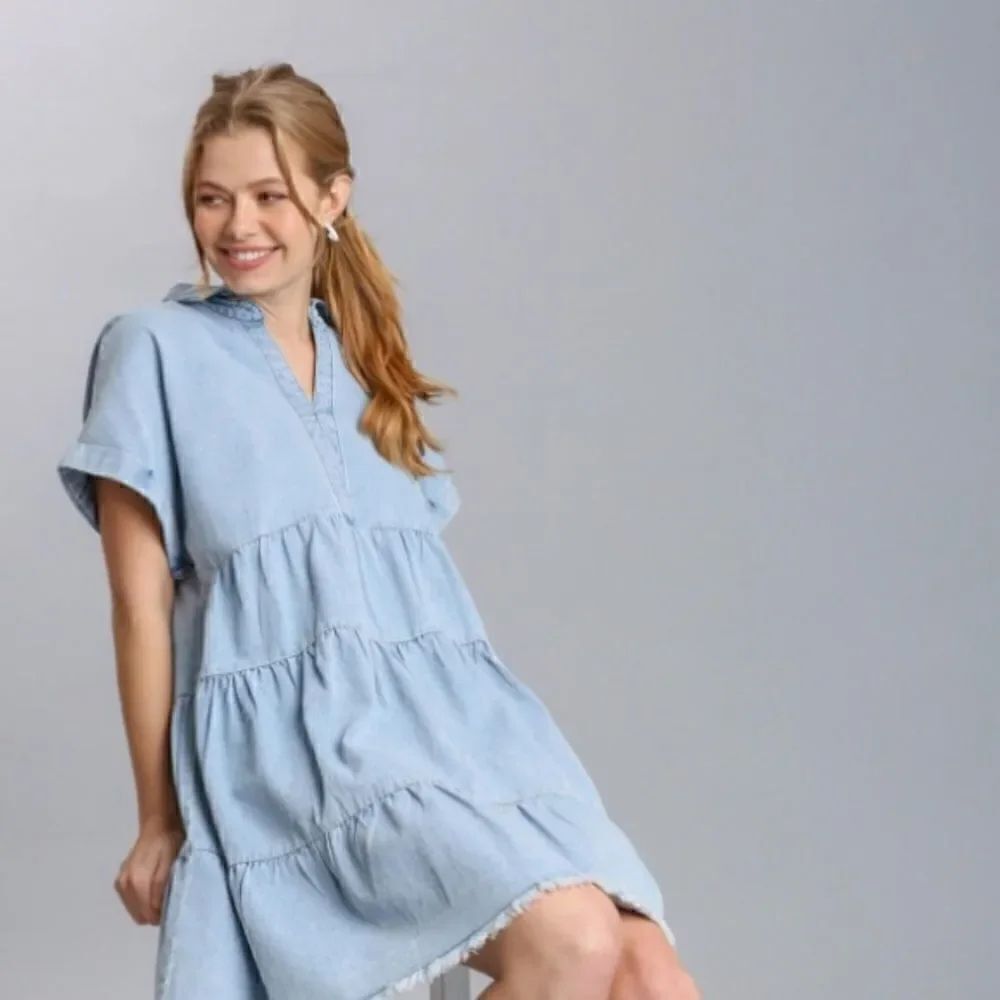 Umgee Ruffle Tiered Denim Dress with Frayed Hem NWT